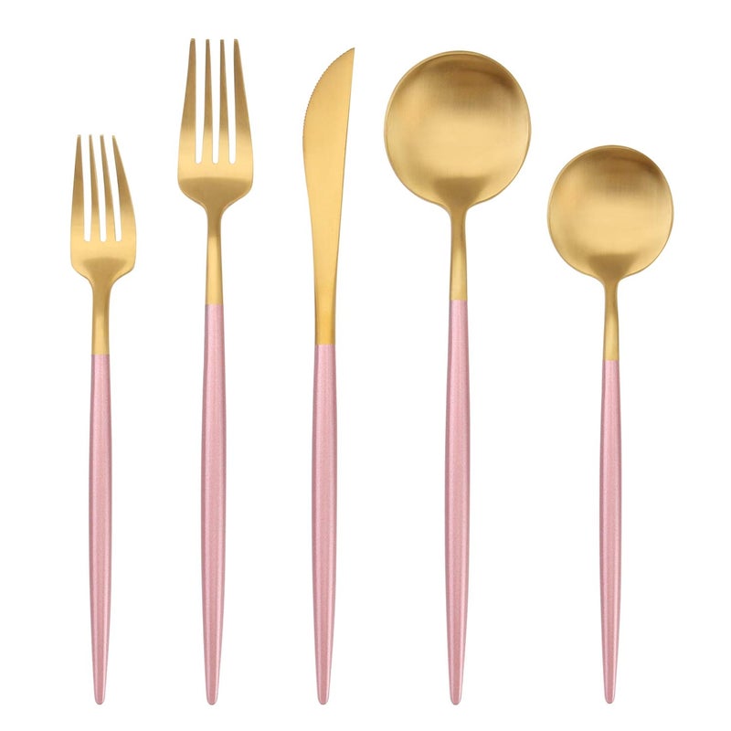 Bysta 5-Piece Stainless Steel Flatware Set, Matte Gold Silverware Set with pink handle, Kitchen Utensil Set Service for 1, Tableware Cutlery Set for Home and Restaurant, Dishwasher Safe - Image 1